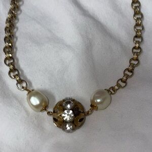 Vintage gold tone oblique white pearl rhinestone cut out metal ball bib chain ne